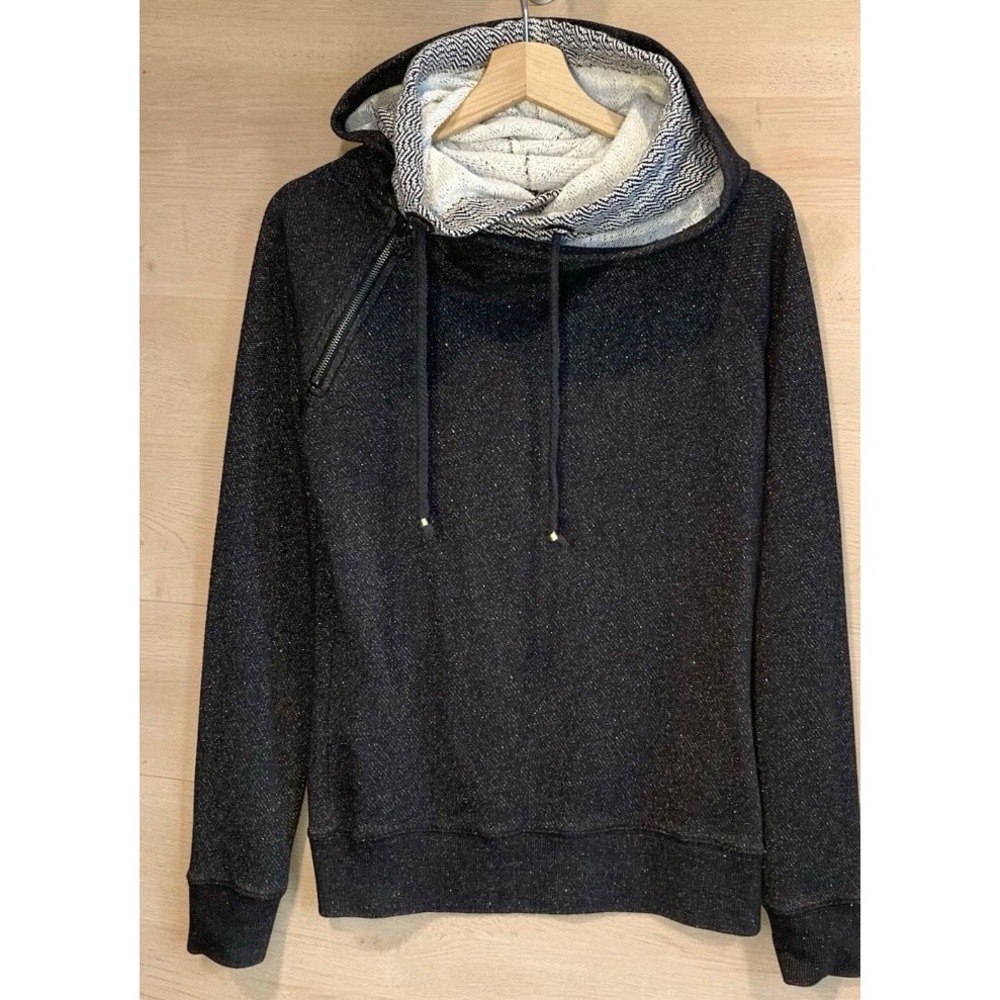 Maison Scotch Double Hooded Black Metallic Asymmetrical Zip Pullover Womens M
